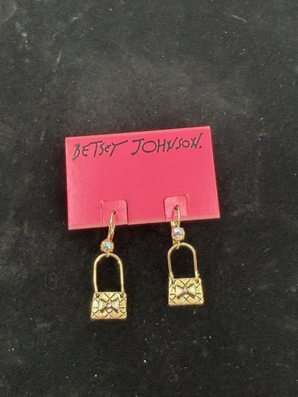 Betsey Johnson Mini Purse Dangle Earrings Gold Bow Dainty Ecletic